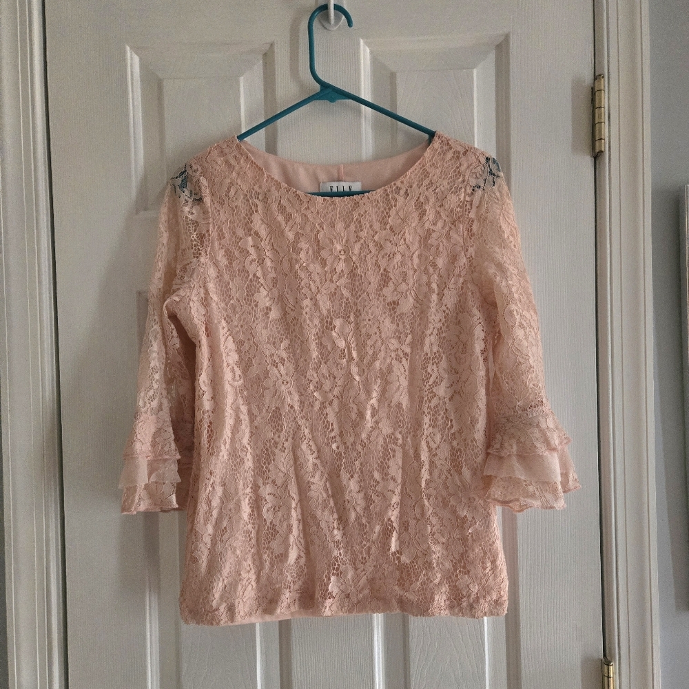 Elegant Sexy Lace Bell Sleeve Pink Top Size Medium By Elle